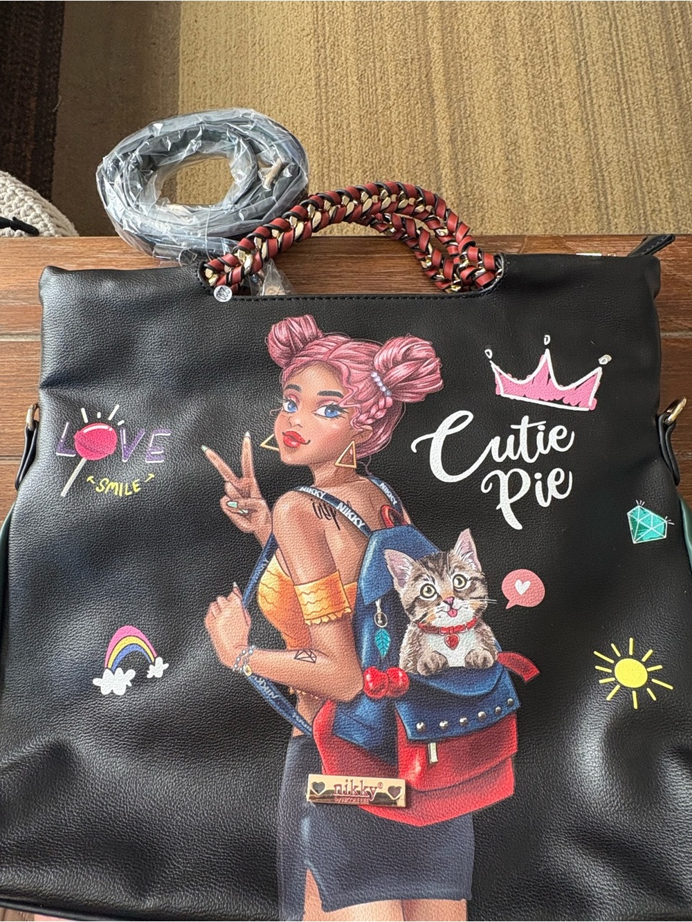 Nicole Lee Black Tote with Pink-Illustrated Girl & Cat